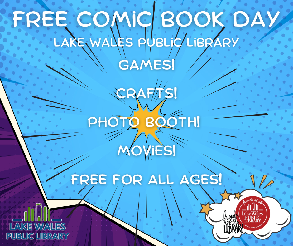Free comic book day event blue background white text with library logo