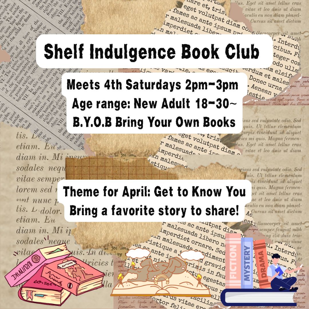 Shelf Indulgence Book Club ad with ripped pages background and stacks of books in the foreground