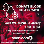 Blood Drive April 24th 1 to 5 PM at Library red blood cells in background 