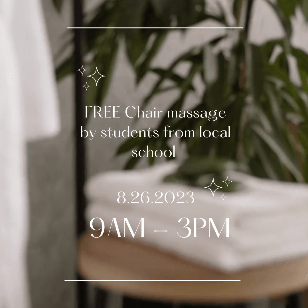 chair massage by local students saturday from 9am to 3 pm