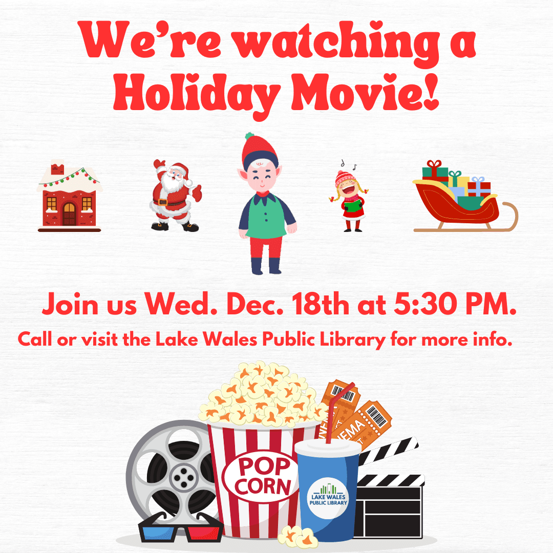 movie night Program flyer elf, sleigh, santa, christmas house, popcorn, film reel, white background